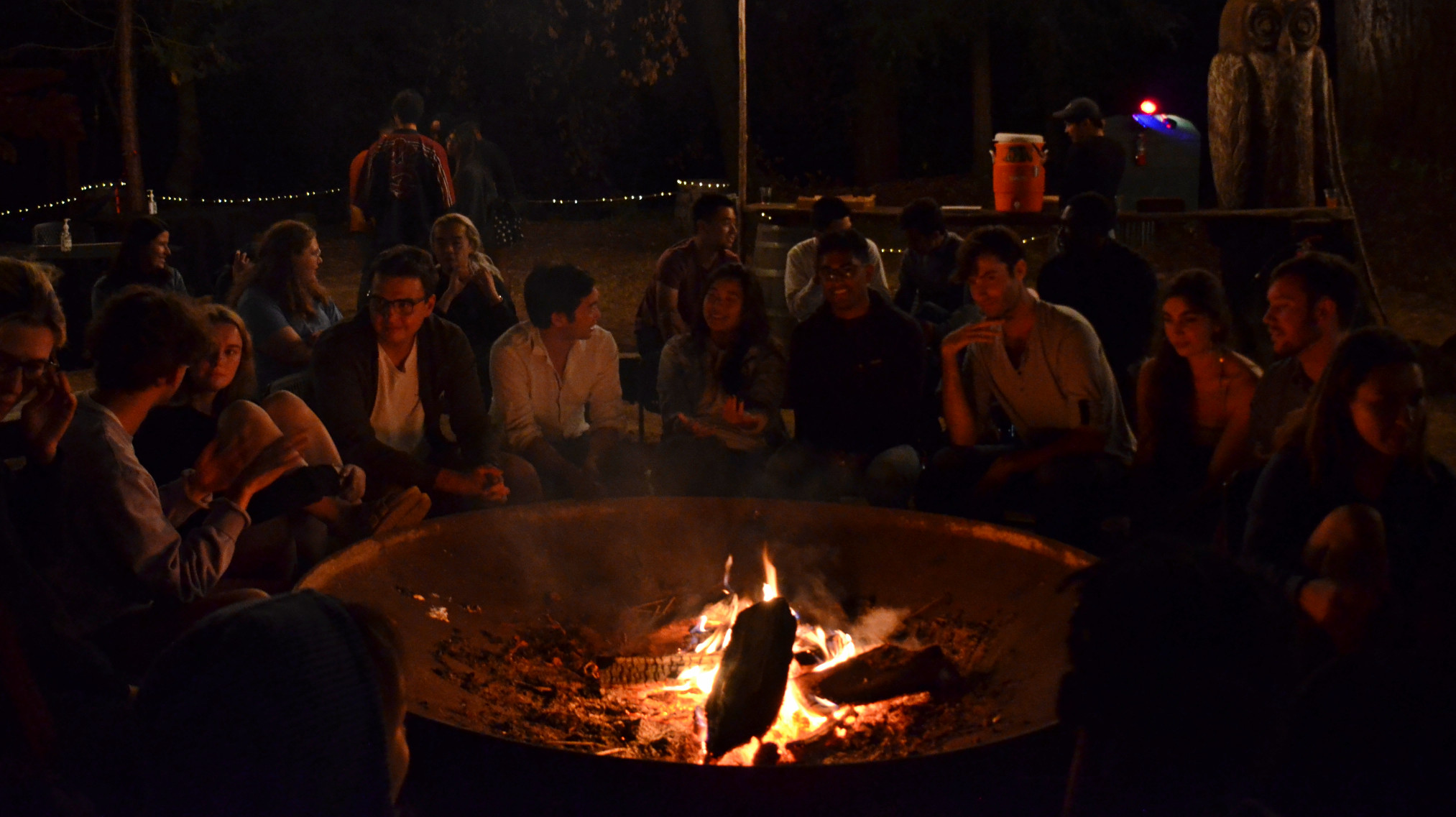 A fireplace discussion at an Interact Retreat